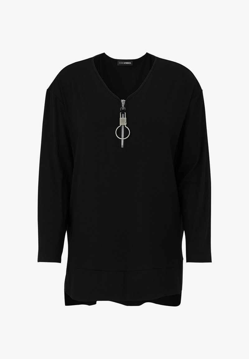 Schwarzes Langarmoberteil mit V-Ausschnitt und Reißverschluss vorne. Verfügt über einen großen Metallring-Akzent am Reißverschluss. Weicher, glatter Stoff.