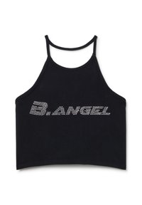Top corto negro hecho de tela suave, con un brillante logo de rhinestone "B.ANGEL" en la parte frontal, con tirantes finos y un corte relajado.