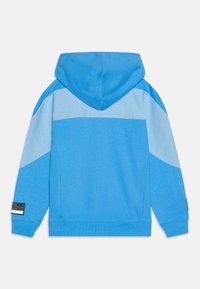 Rückansicht eines blauen Hoodies mit hellblauem Farbblock auf den Schultern und oberen Ärmeln, gerippten Bündchen und einem schwarzen Etikett am linken Ärmel.