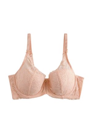 Light pink lace underwire bra with adjustable straps and floral pattern, designed for support and feminine style.