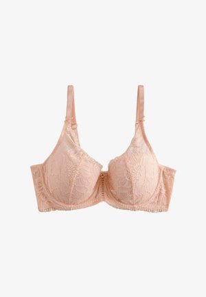 Soutien-gorge à armatures en dentelle rose clair avec bretelles réglables et motif floral, conçu pour le maintien et un style féminin.