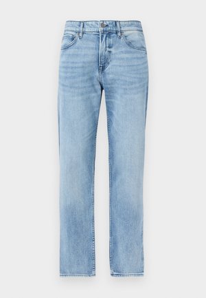 Hele sinist värvi sirge säärega teksapüksid esitaskute, vööaasa, nööbi ja lukuga sulgumisega.