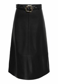 Jupe noire en simili cuir de forme A avec des panneaux cousus et une ceinture assortie avec une boucle rectangulaire dorée.