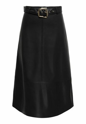 Jupe noire en simili cuir de forme A avec des panneaux cousus et une ceinture assortie avec une boucle rectangulaire dorée.