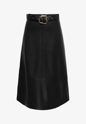 Črna A-linijska krila iz umetnega usnja, z našitimi paneli in usklajeno pasom z zlato pravokotno spono.