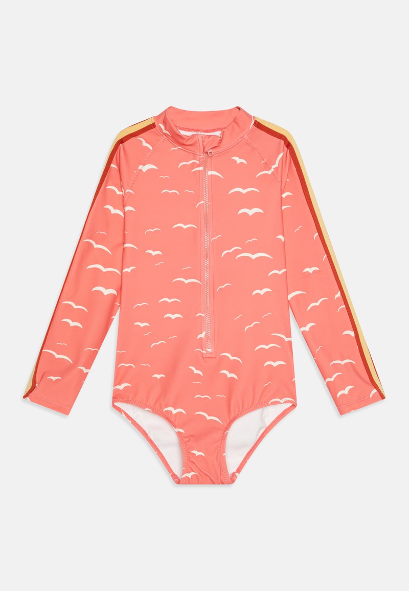 Coral long-sleeve swimsuit featuring white bird patterns, zip front closure, and yellow and orange stripes on the shoulders. Stretchy fabric.