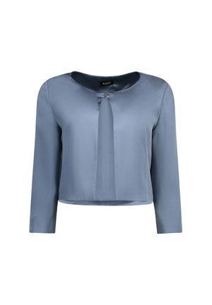 Blouse en satin bleu avec un col rond, des manches longues et un détail en trou de serrure à l'avant. Texture lisse avec une coupe courte.