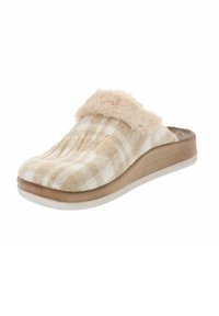 Pantofola a quadri beige con rifinitura in pelliccia sintetica. Parte superiore texturizzata con ricamo "love"; suola imbottita; design leggero e arrotondato con suola di colore bianco sporco.