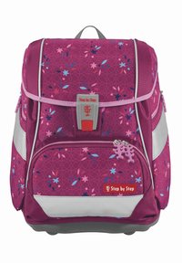 Sac à dos violet avec motif floral, accents gris, bandes réfléchissantes et fermetures éclair doubles. Comprend une étiquette de logo et un charm décoratif.