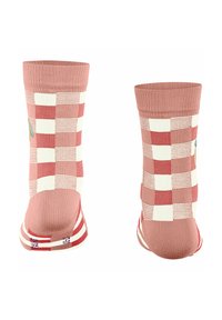 Rot- und cremefarbene karierte Socken mit einem einfarbigen pinken Bündchen. Sie haben ein gestreiftes Muster an der Basis und ein kleines Blätterdetail an der Seite.