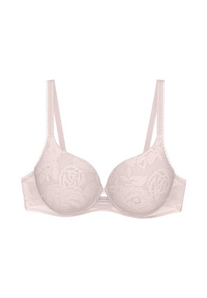 Hellrosa Spitzen-BH mit Blumenmuster, Bügelcups und verstellbaren Schulterriemen vor weißem Hintergrund.