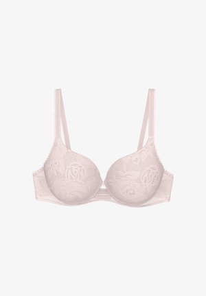 Hellrosa Spitzen-BH mit Blumenmuster, Bügelcups und verstellbaren Schulterriemen vor weißem Hintergrund.