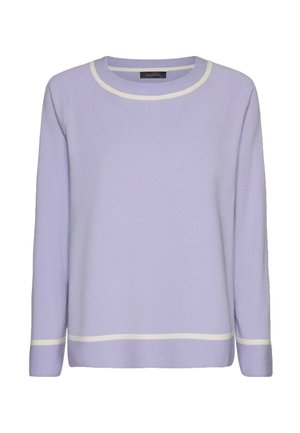 Pull à manches longues violet clair avec bordure blanche au col, aux poignets et à l'ourlet, fabriqué en tissu doux avec un col rond.