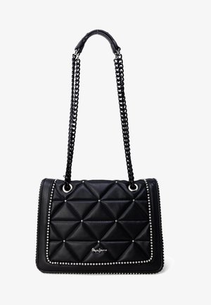 Black quilted handbag with diamond pattern, silver studs, and chain strap. Made of synthetic material, featuring a logo at the front.
