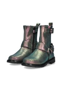 Metaalkleurige groene en paarse enkelboots met een faux leren afwerking, zijrits, verstelbare band en gestructureerd oppervlak. Zwarte rubberen zool.