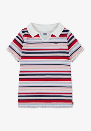 Kortærmet polo med hvid krave og flerfarvede vandrette striber i rød, marineblå, pink og lyseblå, med et lille Levi's-logo på brystet.