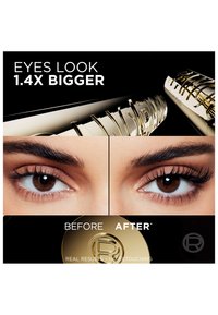 Close-up af brune øjne, der viser naturlige vipper før og markant længere, fyldigere vipper efter brug af guld mascara tube.