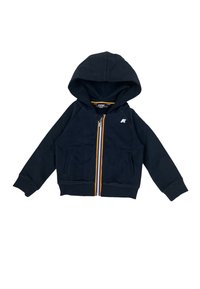 Felpa con zip blu navy, dotata di cappuccio e caratterizzata da una zip multicolore. Materiale morbido, due tasche frontali e un logo sul lato sinistro del petto.