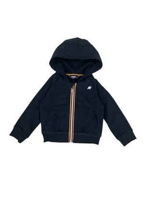 Felpa con zip blu navy, dotata di cappuccio e caratterizzata da una zip multicolore. Materiale morbido, due tasche frontali e un logo sul lato sinistro del petto.