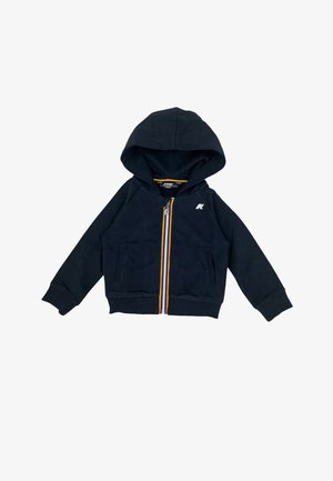 Felpa con zip blu navy, dotata di cappuccio e caratterizzata da una zip multicolore. Materiale morbido, due tasche frontali e un logo sul lato sinistro del petto.
