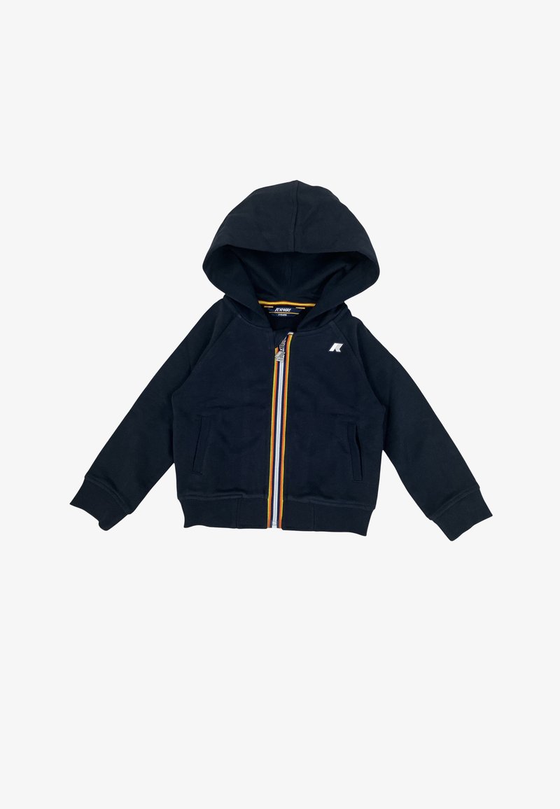 Felpa con zip blu navy, dotata di cappuccio e caratterizzata da una zip multicolore. Materiale morbido, due tasche frontali e un logo sul lato sinistro del petto.