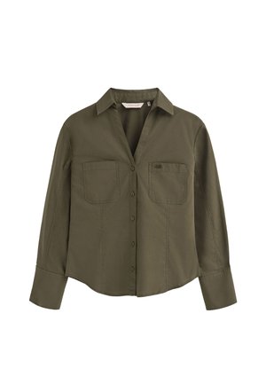 Olive green button-up shirt with two chest pockets, long sleeves, and a classic collar, laid flat on a white background.