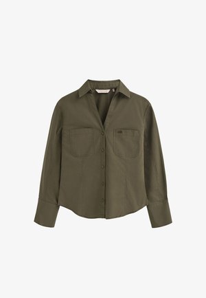 Olive green button-up shirt with two chest pockets, long sleeves, and a classic collar, laid flat on a white background.