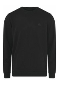 Sort sweatshirt med v-halsdesign, lange ærmer og ribbede manchetter. Har et lille, cirkulært logo på venstre bryst. Blød tekstur.