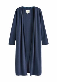 Ilga, atvira kardiganą tamsiai mėlynos spalvos, pagamintą iš minkštos mezginio medžiagos. turi ilgus rankovėmis ir laisvą siluetą. Nėra užsegimų.