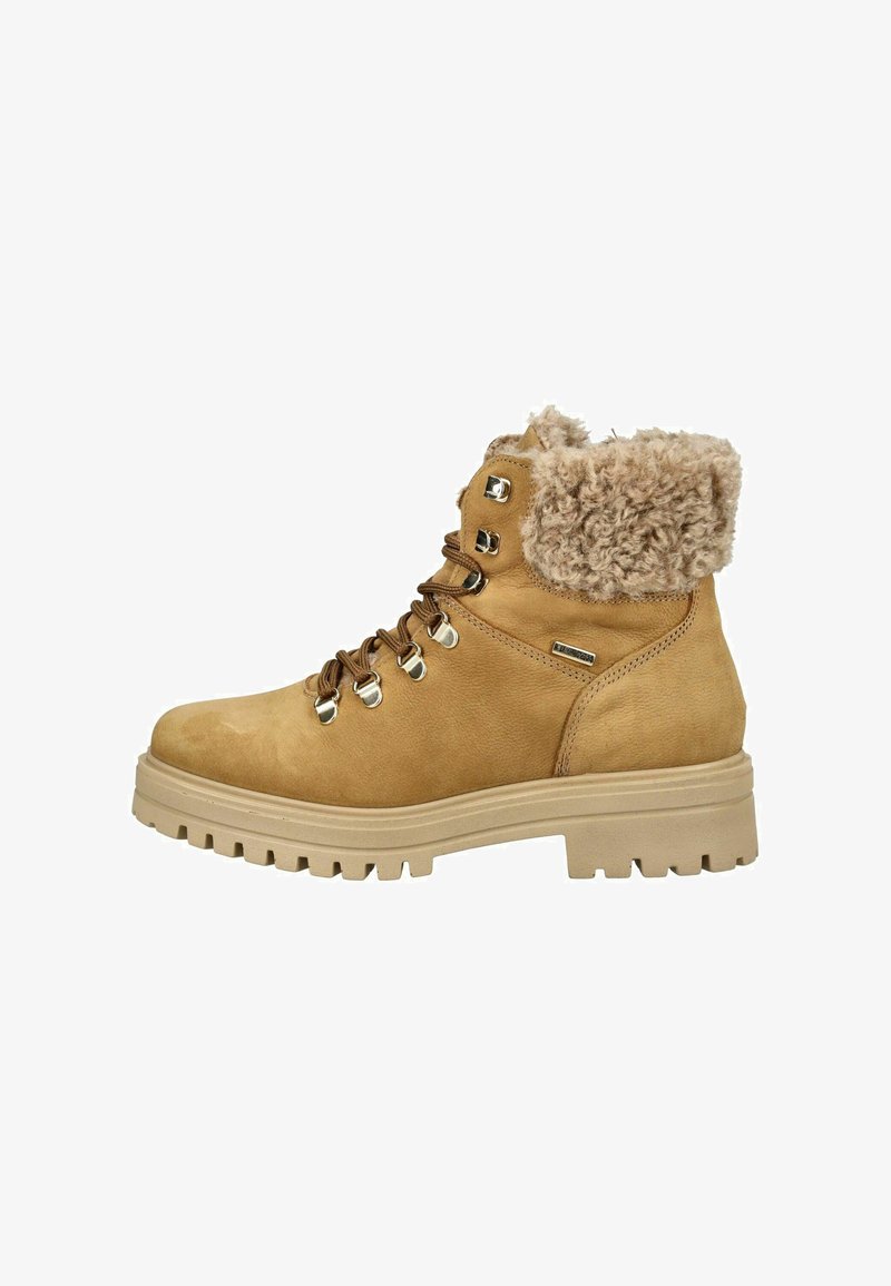 Stivali da trekking in pelle tan, con un morbido collo in pelliccia tan, occhielli metallici e una spessa suola in gomma scolpita per un migliore grip.