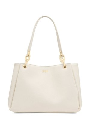 Kremowa torebka ze skóry z złotymi ogniwami łańcucha łączącymi pojedynczy pasek na ramię z korpusem torby, teksturowane wykończenie i subtelne logo marki.