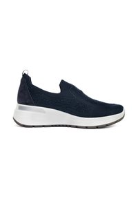 Black knit slip-on sneaker with white thick sole and pull tab at heel, designed for casual comfort and easy wear.