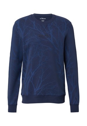 Mornarsko moder pulover z dolgimi rokavi, ki ima teksturiran vzorec drevesne veje in subtilen logotip spredaj. Mehka tkanina in rebrasti manšeti.