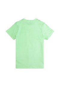 Hellgrünes Baumwoll-T-Shirt mit kurzen Ärmeln, Rundhalsausschnitt und einer glatten Textur; das Design weist keine sichtbaren Muster oder Akzente auf der Rückseite auf.