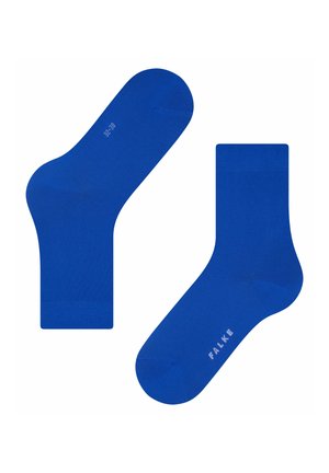 Blaue Baumwollsocken mit einer glatten Textur. Sie haben ein schlichtes Design, verstärkte Fersen und Zehen sowie den aufgedruckten Markennamen.