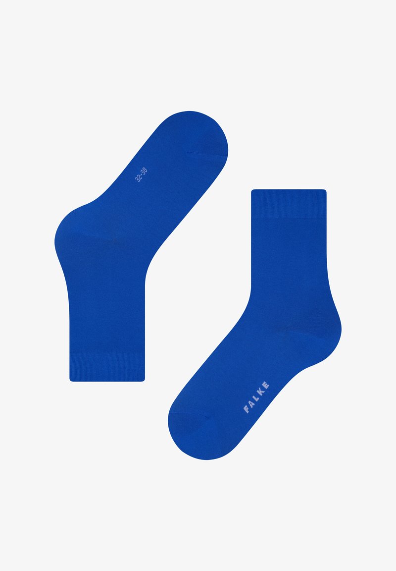 Calze di cotone blu con una texture liscia. Caratterizzate da un design semplice, presentano talloni e punte rinforzati, insieme al nome del marchio stampato.