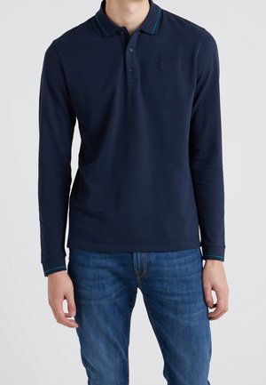 Navy long-sleeve polo shirt with a collared neck and three buttons, featuring teal accents on the collar and cuffs. Textured cotton material.