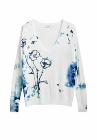 Pull blanc à col en V avec manches longues, orné d'un imprimé floral bleu en aquarelle et de détails. Tissu doux avec une coupe décontractée.