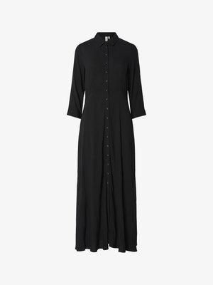 Melnā kleita ar garām piedurknēm, pogājamā priekšpuse, apkakle un brīva piegriezuma siluets. Izgatavota no viegla auduma, ar pilna garuma dizainu.