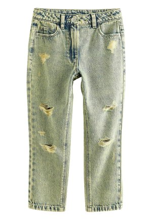 Jean en denim clair avec fermeture à bouton, poches avant, passants de ceinture et plusieurs déchirures usées sur les deux jambes. Aucune personne visible.