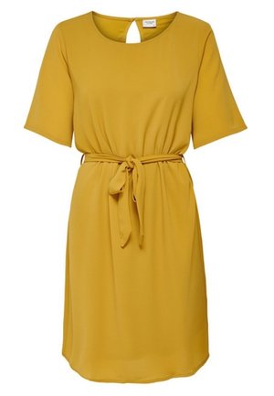 Vestito giallo senape fino al ginocchio con maniche corte, scollo rotondo, cintura in vita e chiusura con bottone a occhiello sul retro.