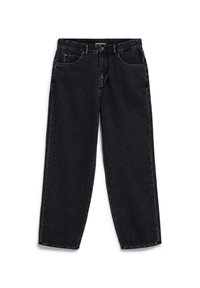 Pantalones de mezclilla negros con un corte holgado, diseño de cinco bolsillos y costuras en contraste. Cuenta con un cierre frontal de botón y un corte recto.