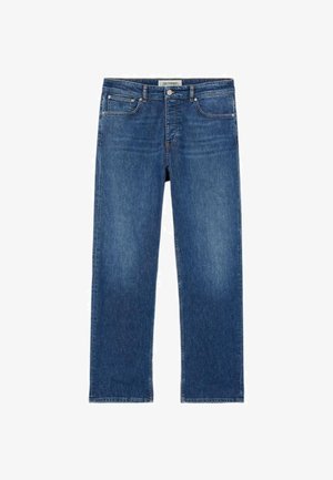 Dunkelblaue Jeans aus Denim mit geradem Beinschnitt, Fünf-Taschen-Design und subtiler, ausgebleichter Textur. Mit Knopfverschluss und Gürtelschlaufen.