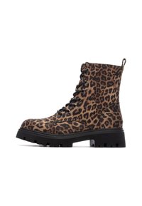 Botas de tobillo con estampado de leopardo, cordones negros, suela robusta y lengüeta. Presentan un patrón marrón y negro, material textil y punta redonda.
