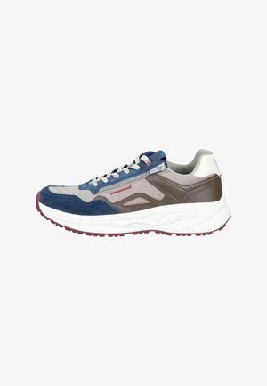 Men's sneaker with white sole, blue suede toe cap, brown and gray leather panels, red accents, white laces, and side zipper detail.