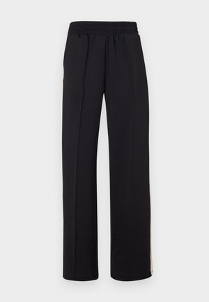Pantaloni neri a gamba larga con una cintura elastica e morbida. Senza motivi o accenti visibili.