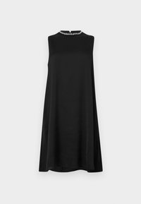 Black sleeveless dress with a high neckline featuring a subtle decorative trim. Loose silhouette, smooth texture, and knee-length hem.