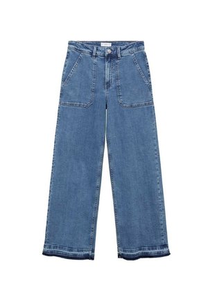 Jean large en denim bleu taille haute avec grandes poches avant, passants pour ceinture, fermeture par boutons et ourlet brut.