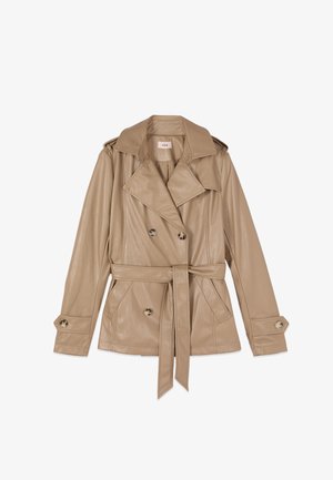 Beige faux leather belted trench coat with double-breasted buttons, wide lapels, shoulder epaulets, and buttoned sleeve cuffs.