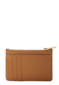 Tan leather cardholder with a textured finish, featuring four card slots and a zippered compartment with a gold-tone pull tab.